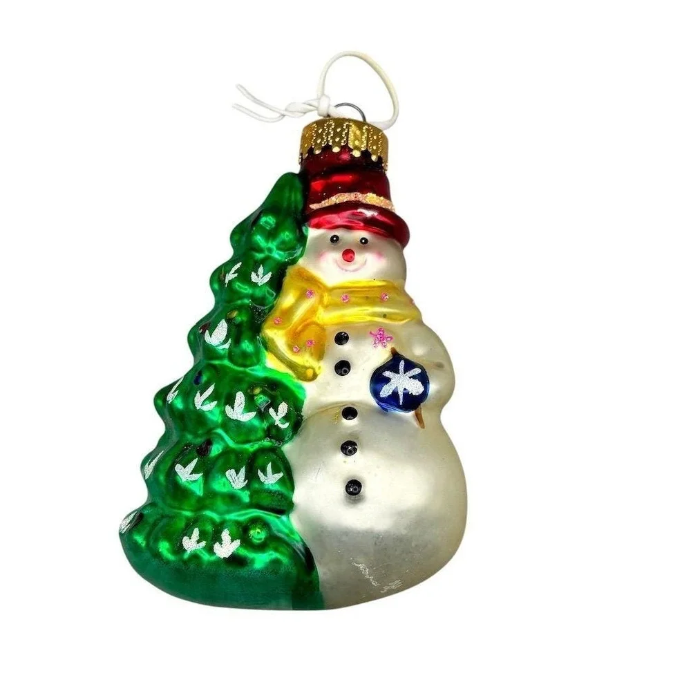 Vintage Blown Glass Snowman Ornament with Christmas Tree Holiday Decor